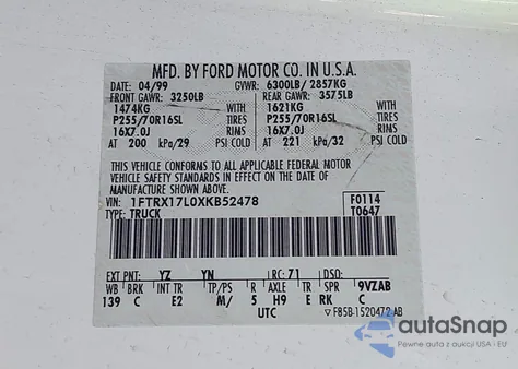 1999 Ford F-150 Lariat/Xl/Xlt из США, поврежденный, VIN 1FTRX17L0XKB52478